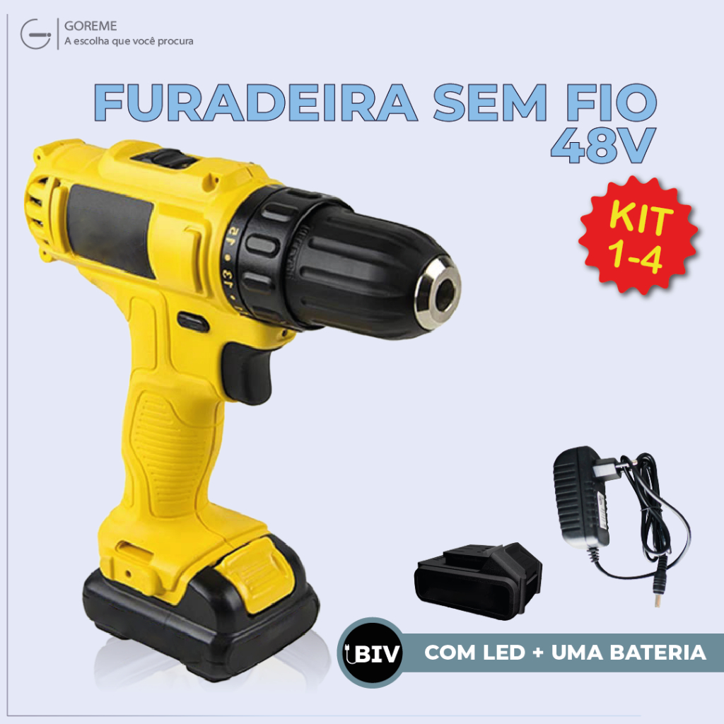Parafusadeira Furadeira Sem Fio 48V 340W 1550 RPM Com Maleta Completa
