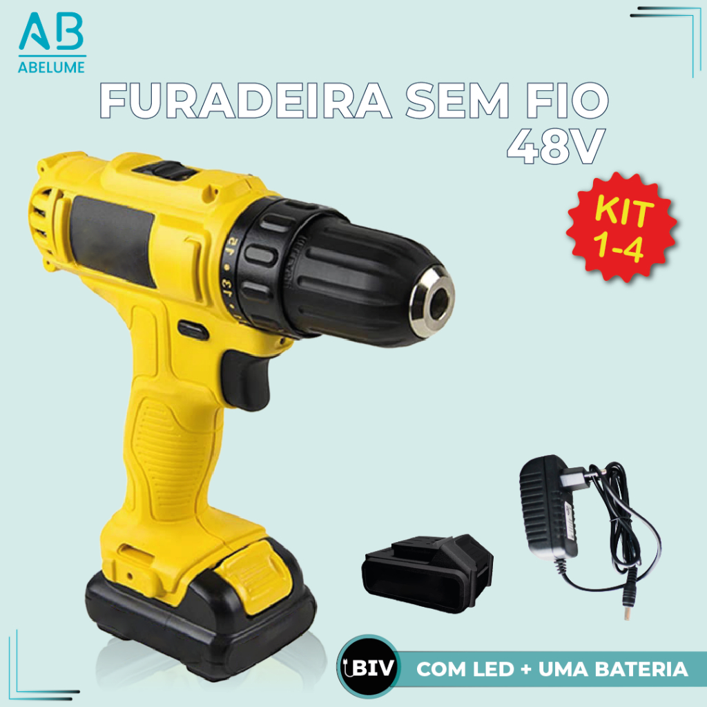 Parafusadeira Furadeira Sem Fio 48V 340W 1550 RPM Com Maleta Completa