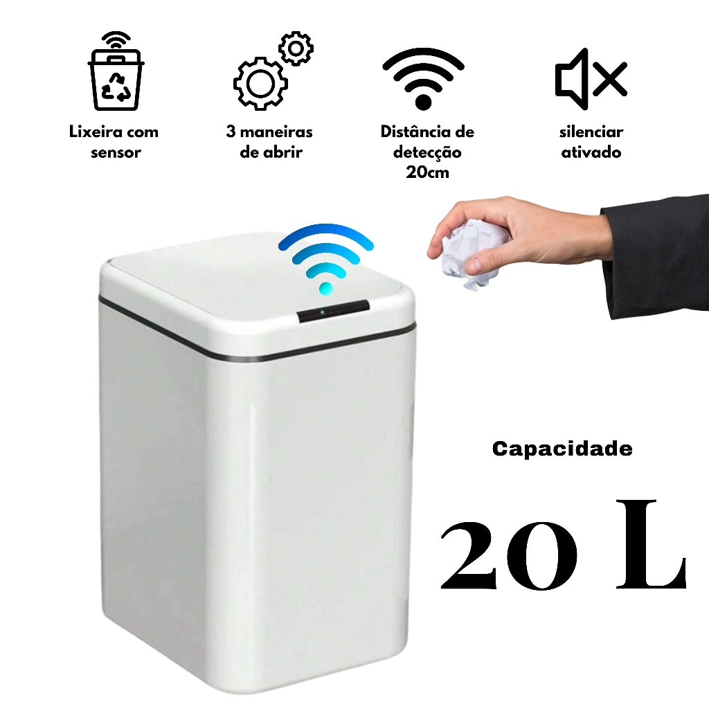 Lixeira com Sensor Automático Inteligente Abre Fácil 20 litros