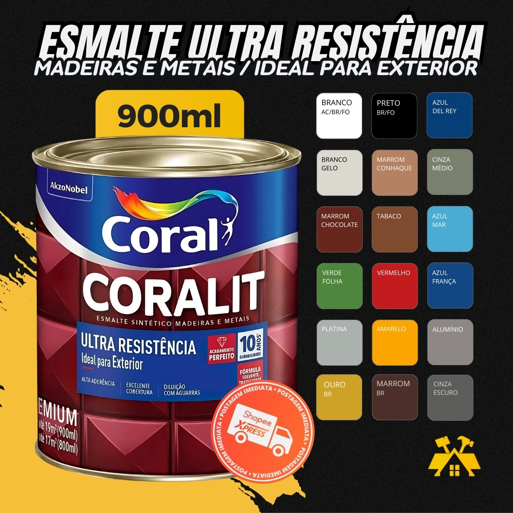 Coralit Esmalte Sintético Madeira e Metais Preto Fosco várias cores 900ml - Coral