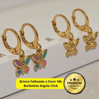 Brinco Infantil Argola Click Argolinha de Criança Antialérgico Borboleta Folheado Banhado Ouro 18k em Oferta na Shopee