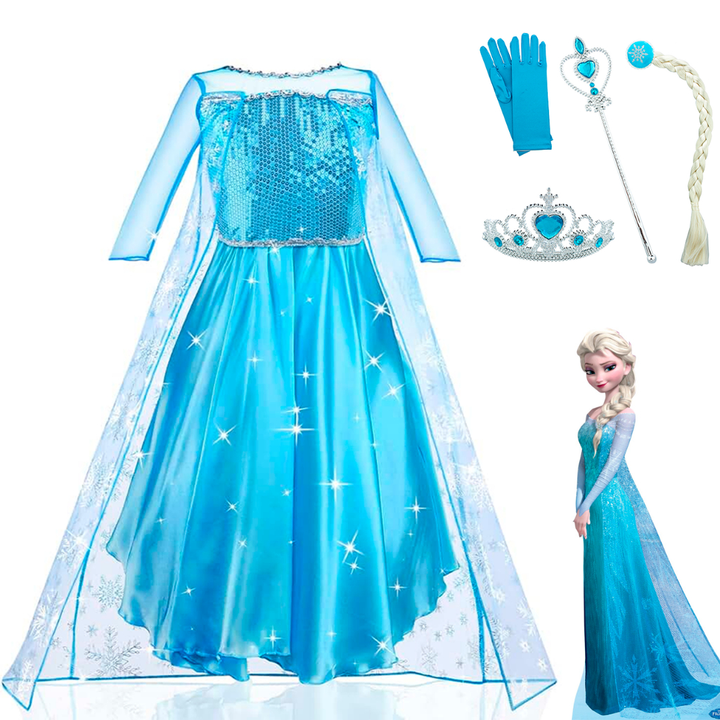 Fantasia Vestido Infantil Elsa Frozen Com Capa E Acessórios Festa Hallowen Crianças