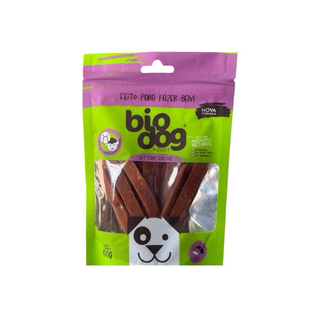 BioDog Soft Strips Sensitive - Petisco Hipoalergênico para Cães com Pato e Cordeiro 100g