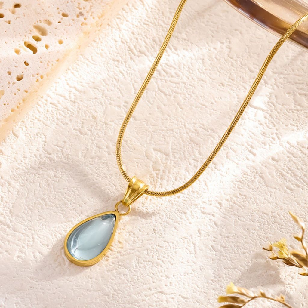 Luz francesa luxo transparente verde gota de água azul oceano titânio aço colar retro sereia lágrimas