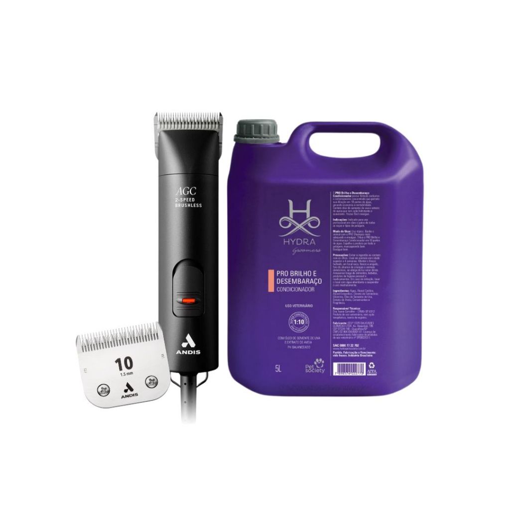 Kit Pet Condicionador Hydra Groomers 5L (1:10) + Máquina de Tosa Andis Bivolt AGCB - Preta