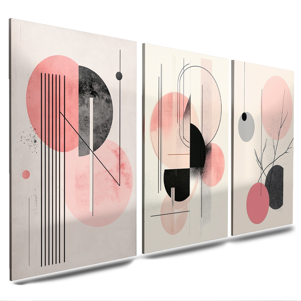 quadros abstratos rose 3 partes geometricos para sala decoração (ABS ROSA)