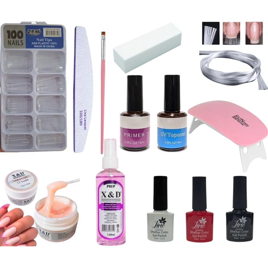MANICURE INTERMEDIARIO CURSO ALONGAMENTO DE UNHA DE GEL ACRIGEL MOLDE F1 ESMALTE EM GEL MINI SUN LED PREP TOP COAT PRIME