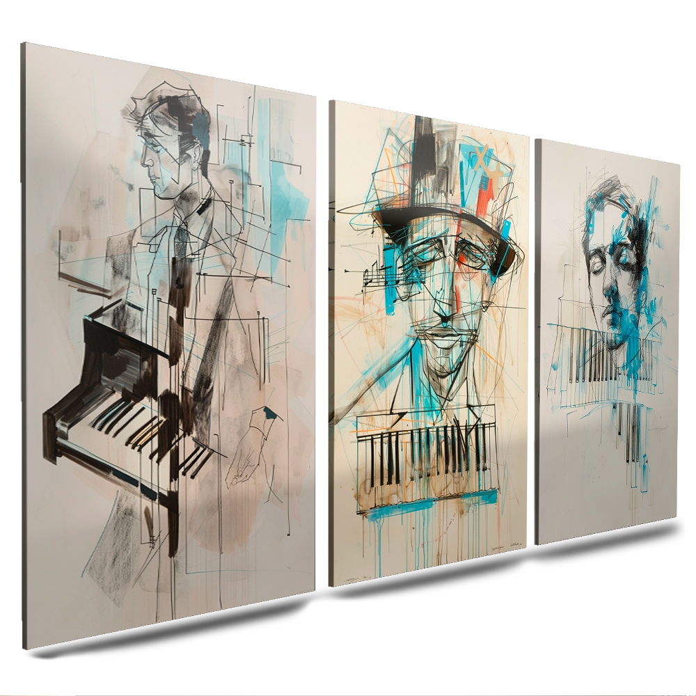 quadros decorativos musicas para escritórios musicais desenhos piano 3 peças(PIANISTA LINHAS)