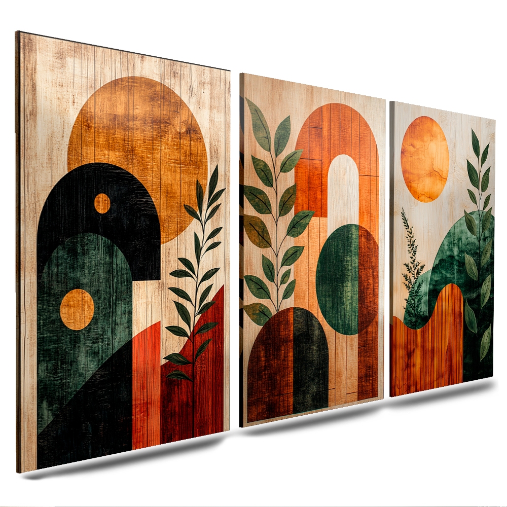 quadros decorativos figuras geometricas flores gold luxo abstrato 3 peças para sala quarto(ABS VERDE E LARANJA) em Oferta na Shopee