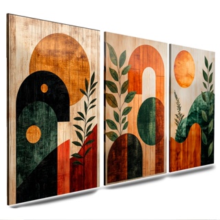 quadros decorativos figuras geometricas flores gold luxo abstrato 3 peças para sala quarto(ABS VERDE E LARANJA) em Oferta na Shopee