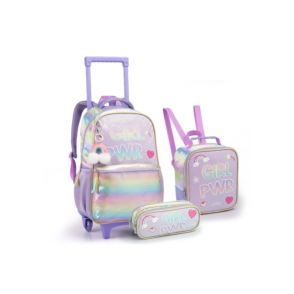 Kit Escolar 3 Peças Mochila Rodinhas I Antil Menina Arco Íris Lilás Girl Pwr Lancheira Estojo Seatine Melhor