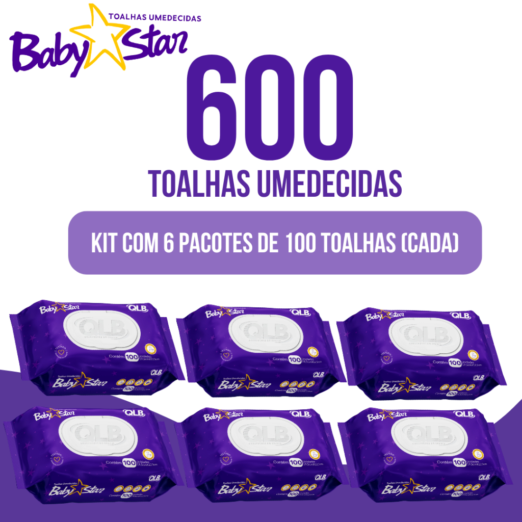 KIT COM 6 LENÇOS/TOALHAS UMEDECIDAS BABY STAR- ROXA C/100