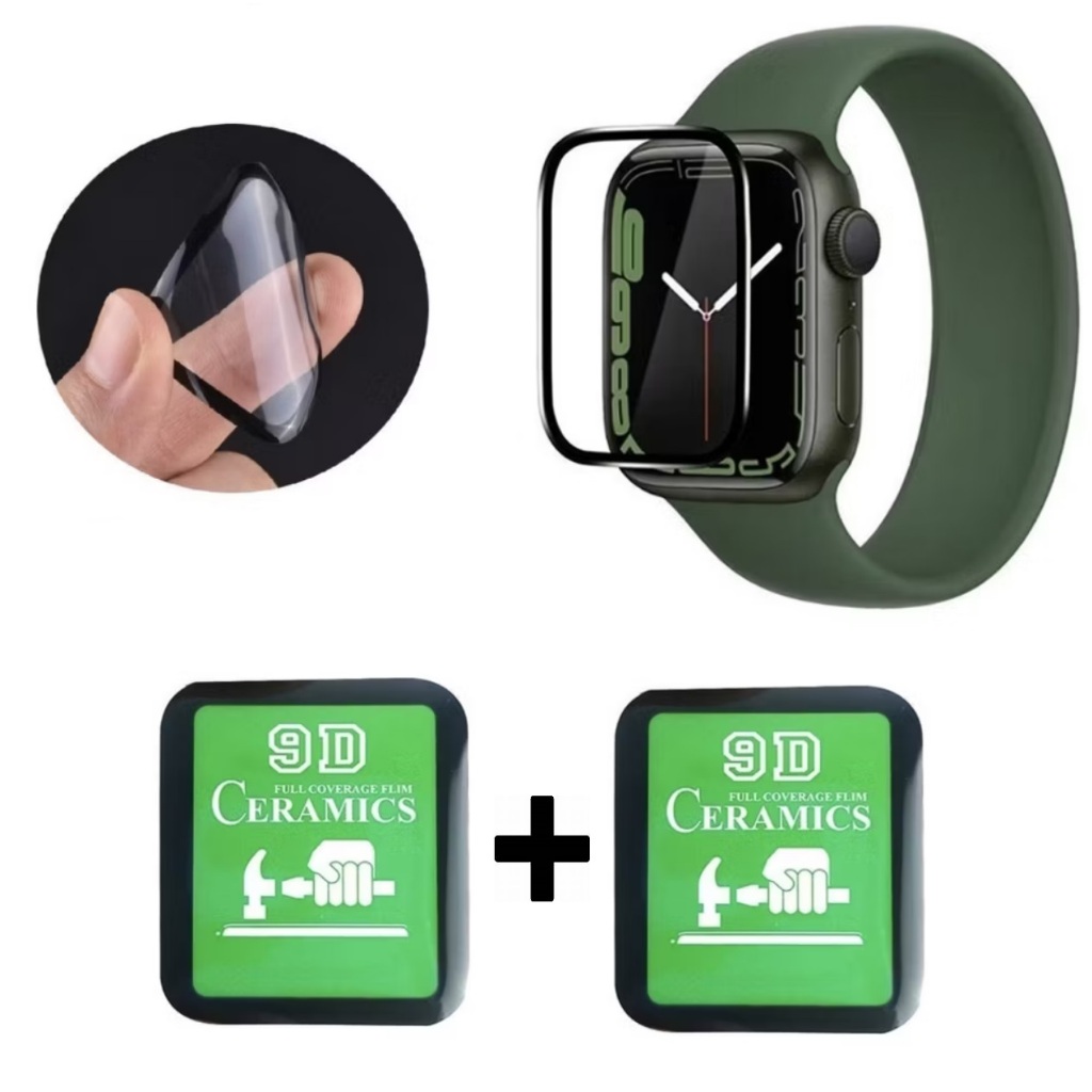 Kit 2x Película de Cerâmica Para Apple Watch Pelicula 1 2 3 4 5 6 7 8 9 SE 3D Touch Series Cola Tela Toda Borda Curva