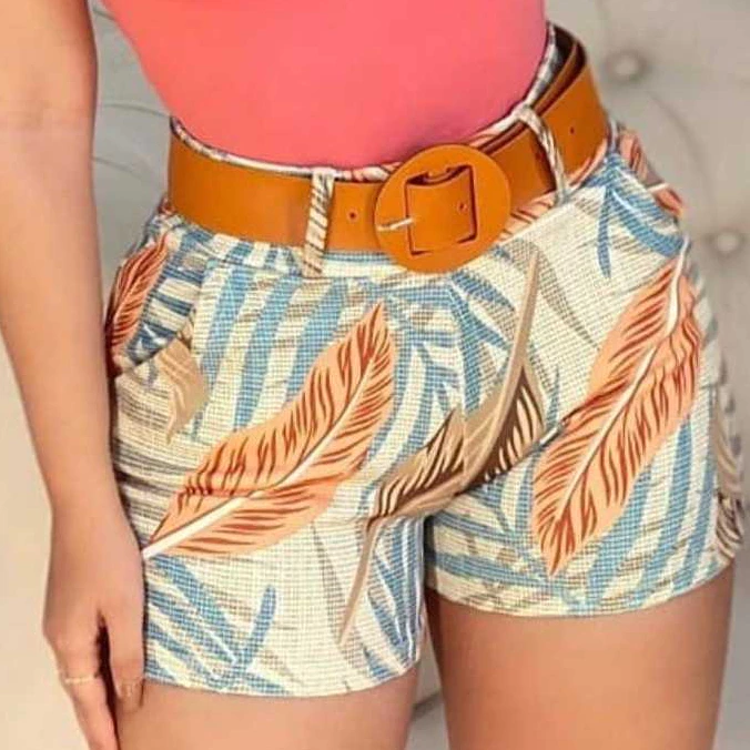 Short com Cinto Bermuda Feminina Estampada com Elastano Moda Praia Verão — imagem 1