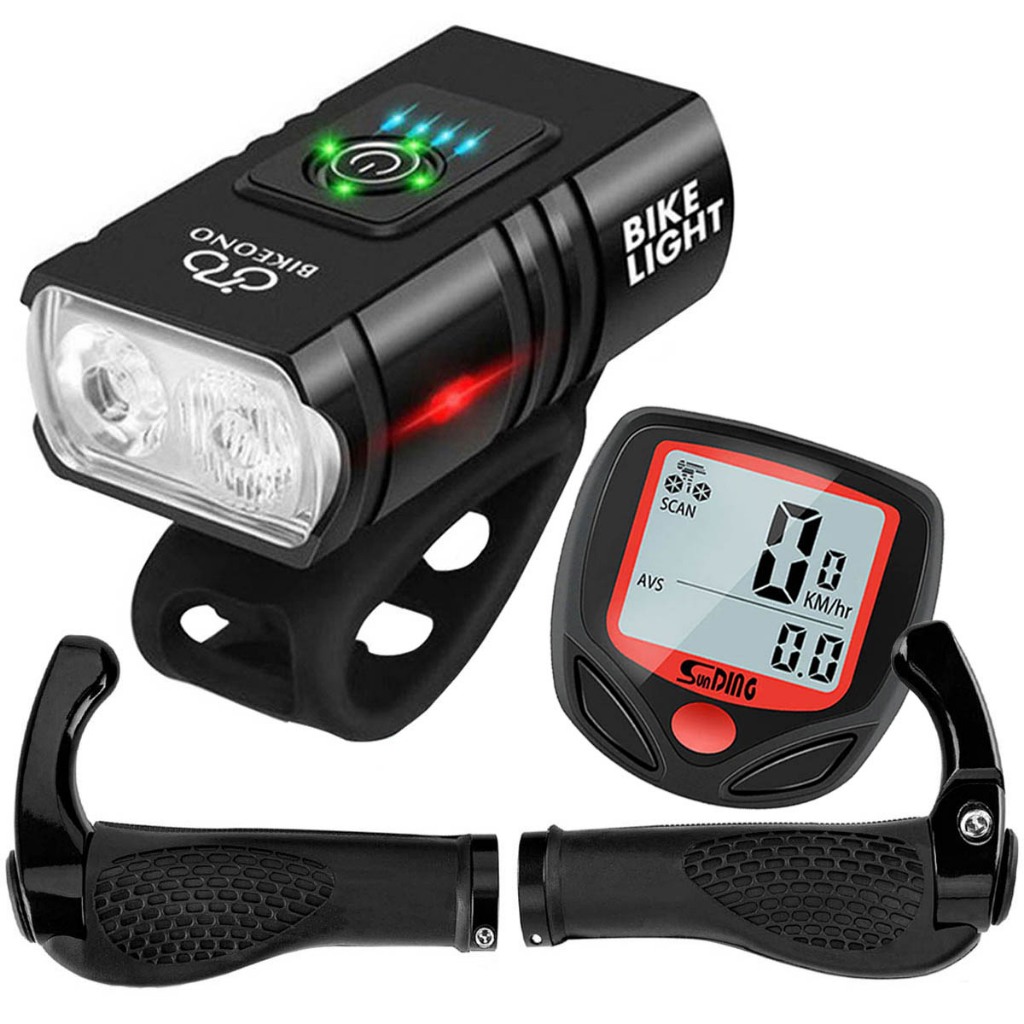Lanterna Farol Com Visor 2 Led + Velocímetro Para Bike Com Fio Sensor + Par De Manopla Bar End Trava
