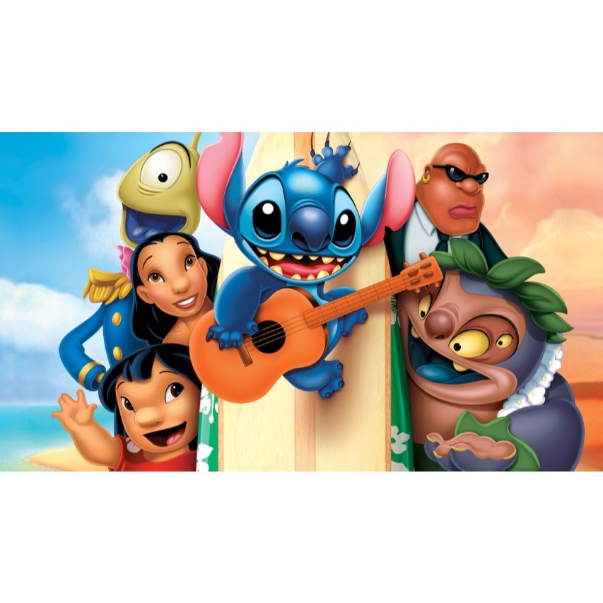 Painel Stitch e Família retangular de lona para decoração de festa de aniversário infantil. Várias medidas.