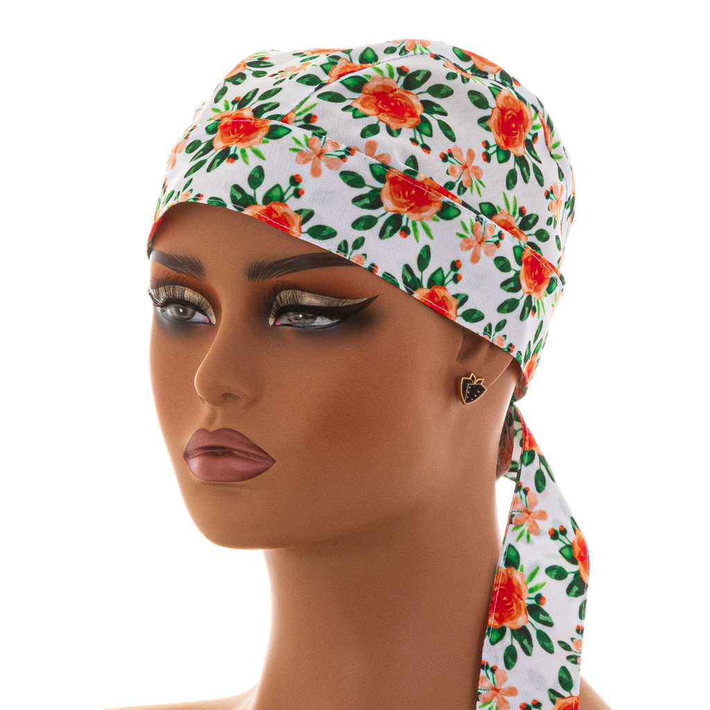Bandana Lenço Unissex Estampa Flores Laranjas Para Chef Cozinha Cozinheiro Padaria Confeitaria Doceira