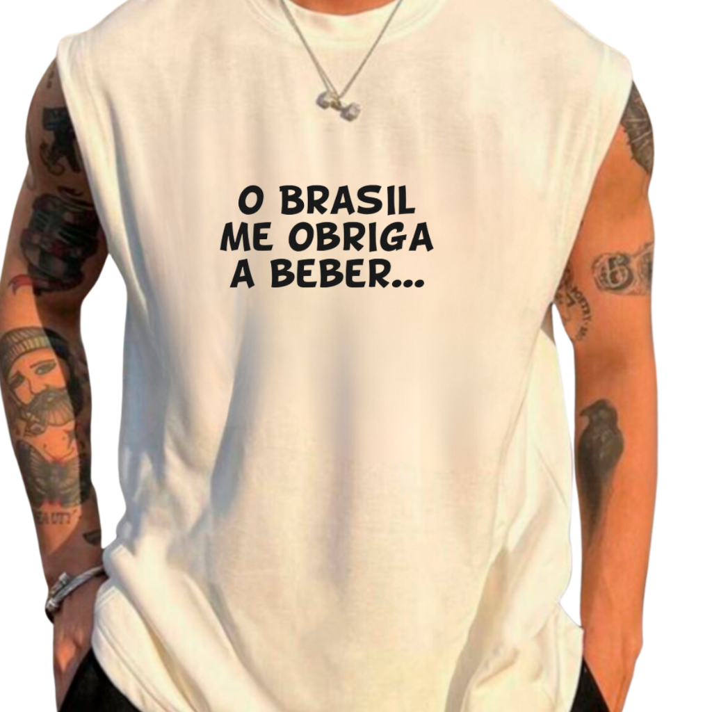 Camiseta Regata Oversized Masculina Estampada Carnaval Frase O brasil Me Obriga A beber