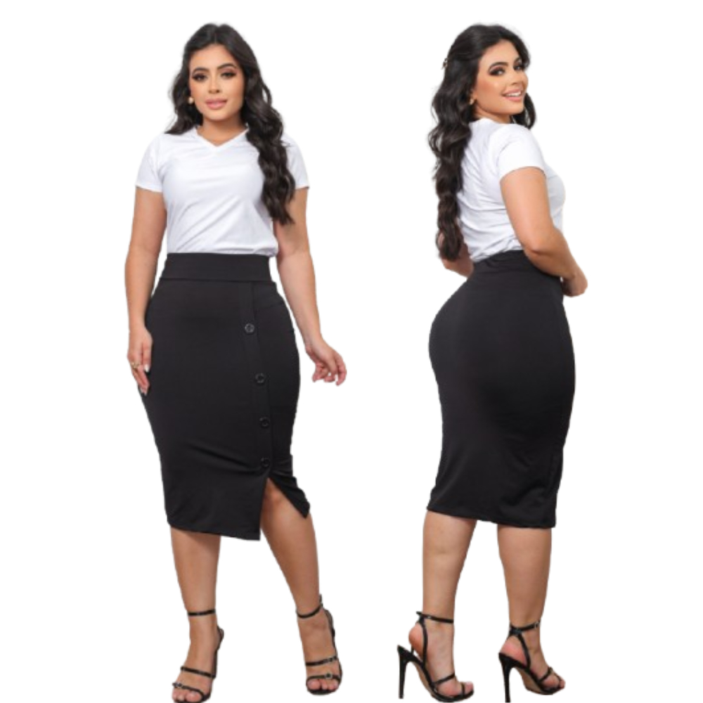 Saia Midi Botoes Social Elegante Luxo Tecido Premium Plus Size em Oferta na Shopee