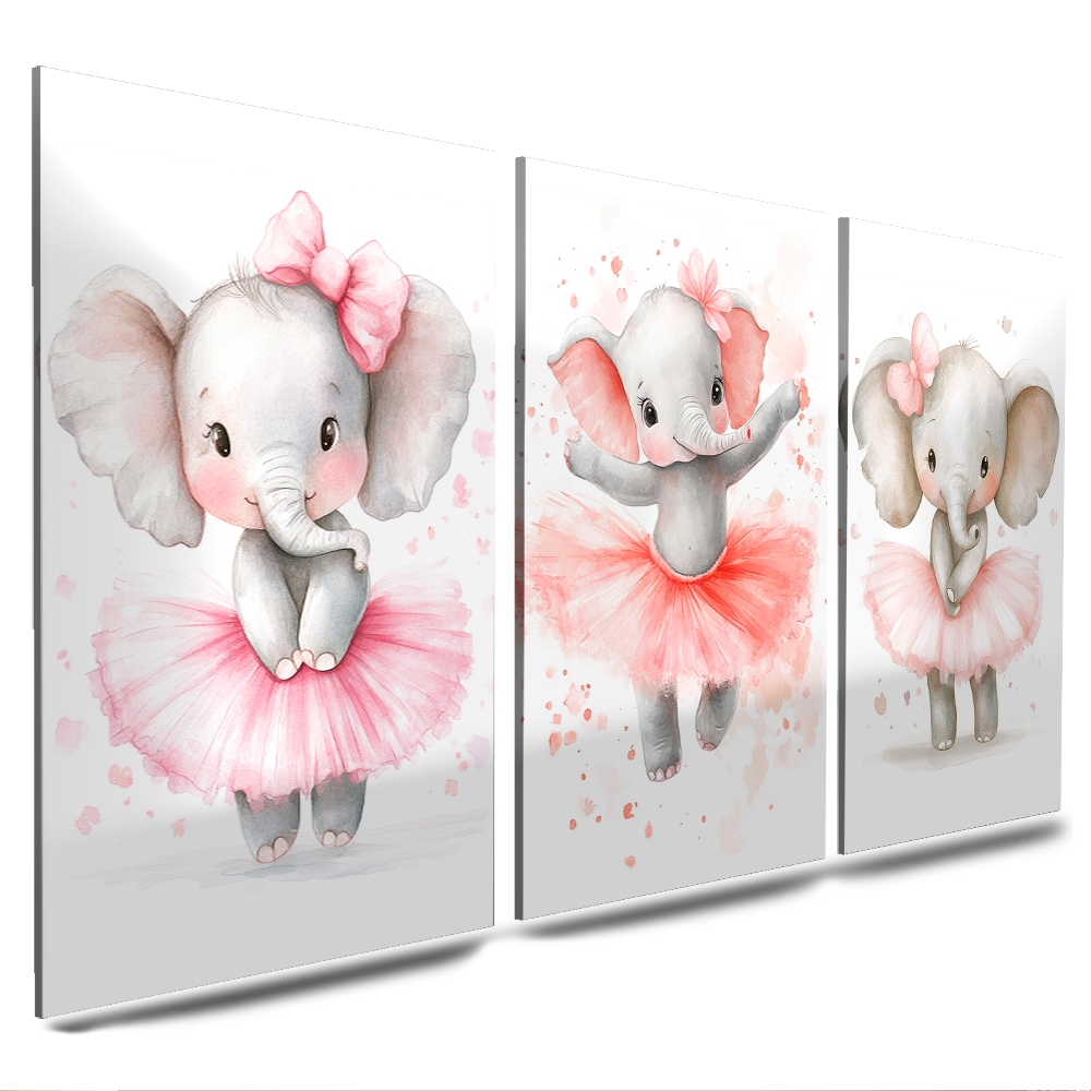 kit quadros 3 peças para meninas bailarina elefante vestido rosa infantil quarto (ELEFANTE BALÉ)