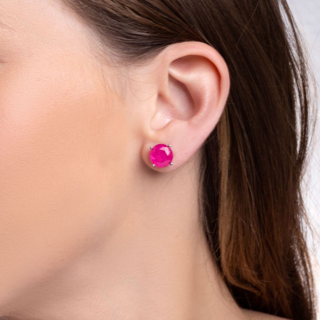 Brinco Ponto de Luz Redondo 10mm Rosa Pink ou Turmalina Verde Banhado a Ródio Branco ou Ouro 18k Feminino Semi Joias