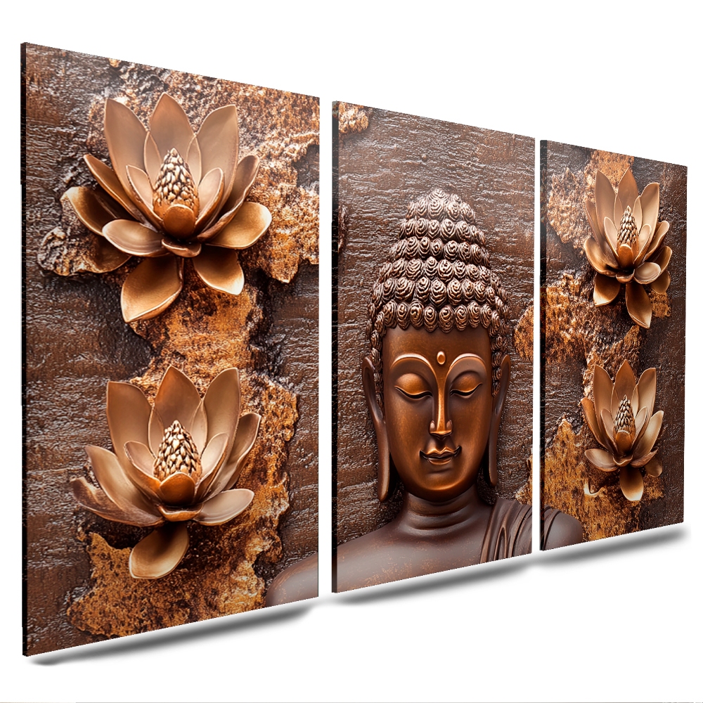 kit quadros religiosos buda flores tons em marrom 3 partes luxo gold (BUDA MARROM)