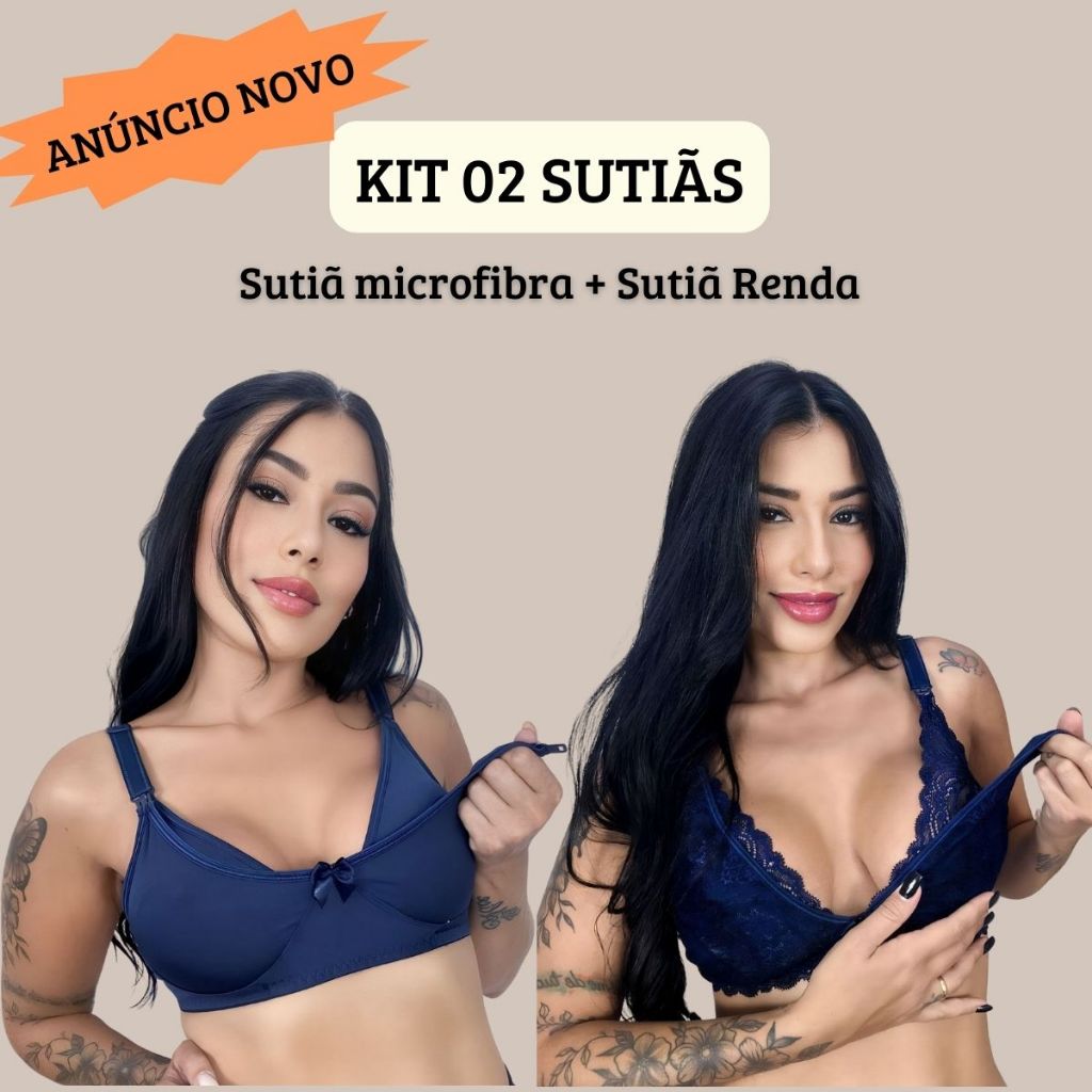 KIT 02 Peças Amamentação  Sutiã em MICROFIBRA + Sutiã em RENDA Alça Abre Fácil Reforçada Gestante. em Oferta na Shopee