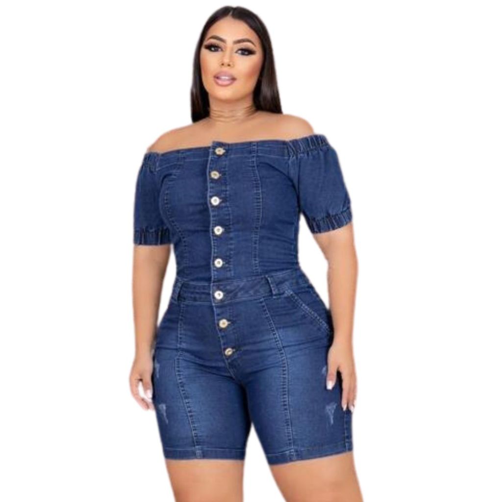Jardineira macacão curto ciganinha jeans com strech feminino plus size modela o corpo