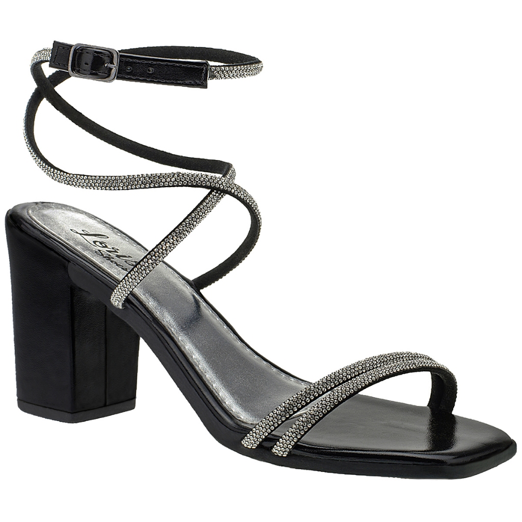 Sandália Feminina Com Brilho Strass Salto Bloco Alto Grosso Lóris 103-003 - Women Shoes