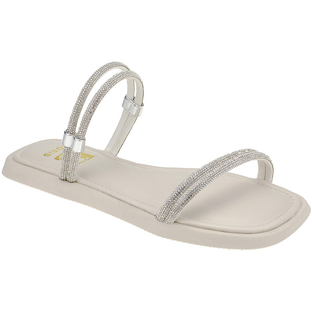 Sandália de Brilho Sola Baixa com Palmilha Confort Rasteirinha Tira de Strass Pedraria 2044