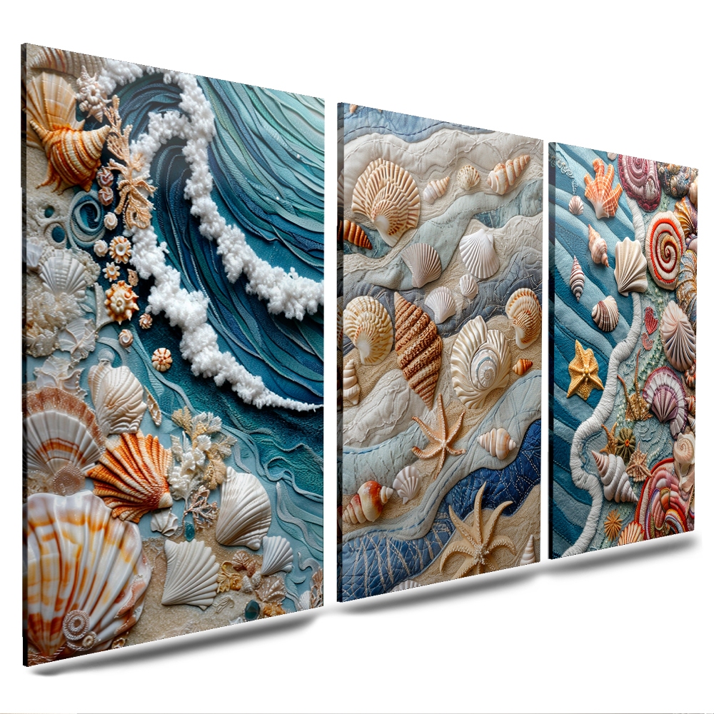 quadros decorativos 3 peças praia conchas coral aguas azul mar (CONCHA) em Oferta na Shopee