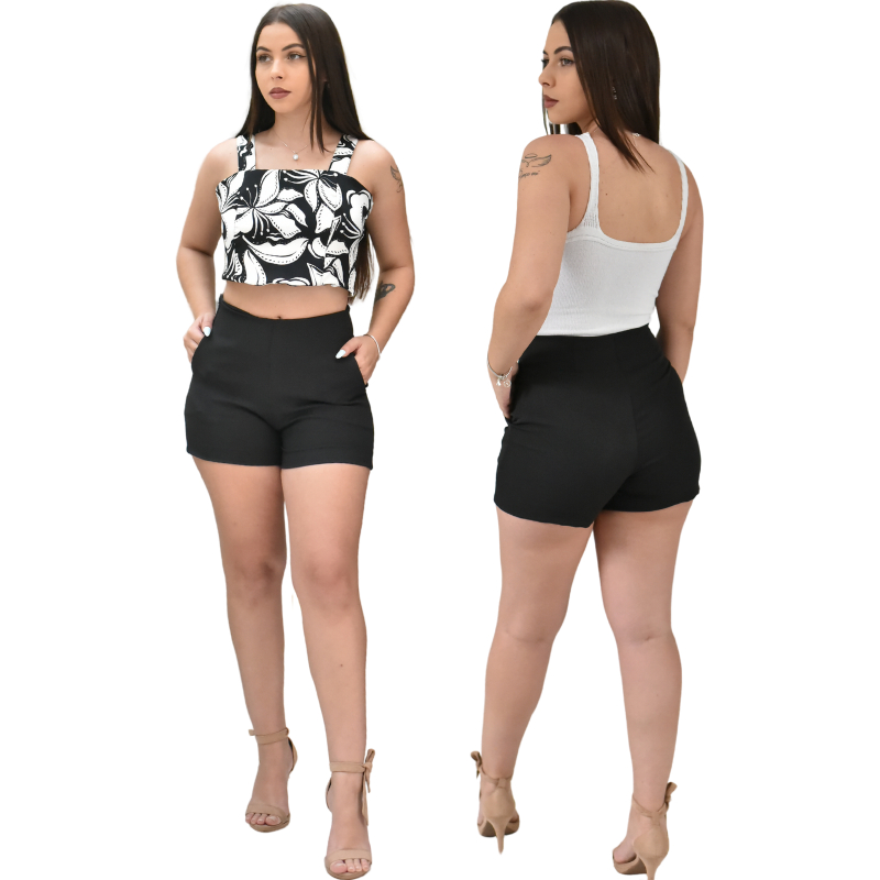 Kit 5 Short Alfaiataria Feminino Social Cintura Alta Com Bolso e Zíper na Lateral