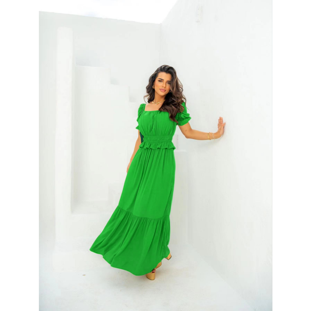 Vestido Longo Manga Ciganinha C/Bojo Elastico na Cintura COD:019-Liso