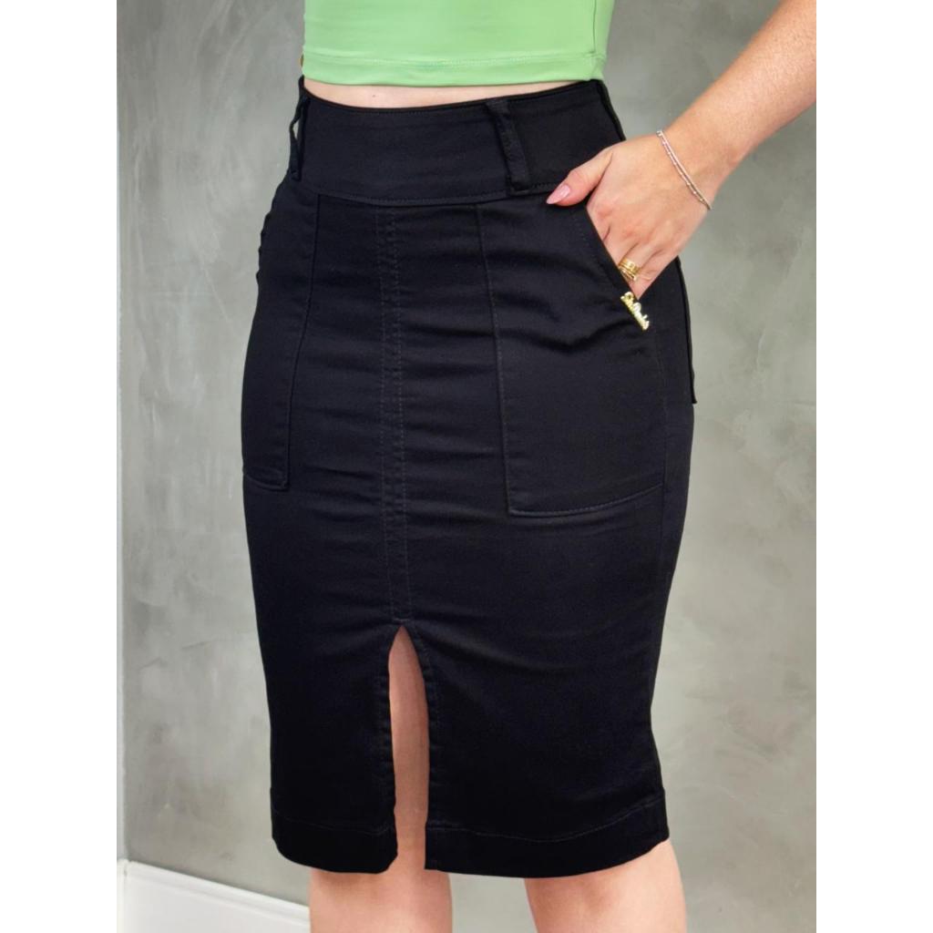 Saia Brim Cintura Alta Mídi Fenda na Frente Bolso Faca Evangélica Social Com Elastano em Oferta na Shopee