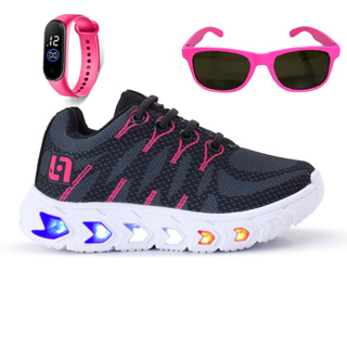 Tenis Infantil De Led Meninas Casual Preto e Pink Com Luzes Feminino + Óculos e Relógio Linkito em Oferta na Shopee