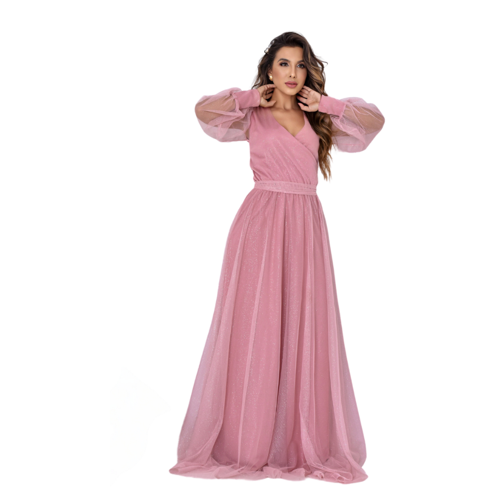 Vestido Longo Tule com brilho com Manga Moda Evangélica Formatura Eventos Festas
