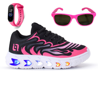 Tenis Infantil De Led Meninas Casual Preto e Pink Com Luzes Feminino + Óculos e Relógio Linkito em Oferta na Shopee
