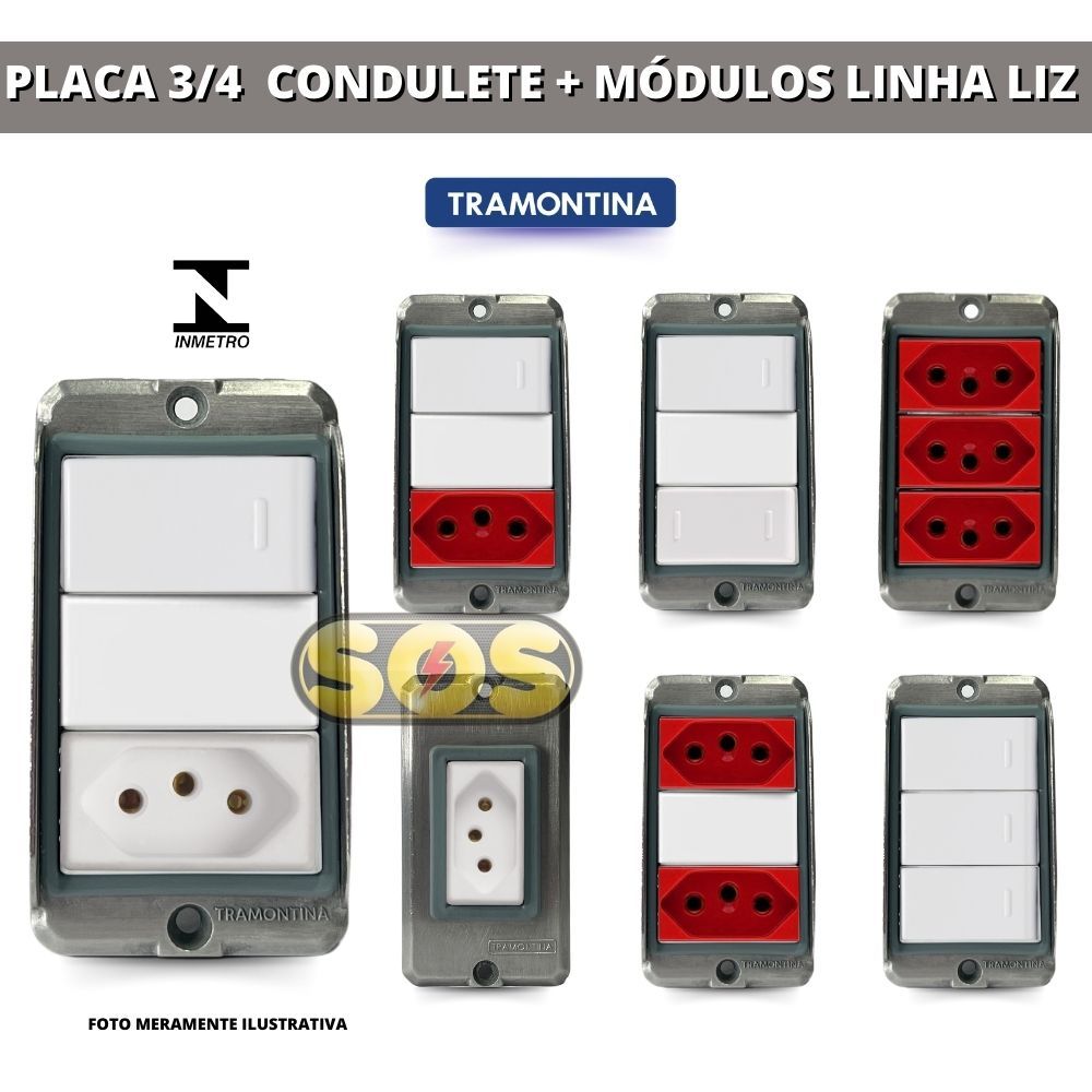 TAMPA DE CONDULETE  3/4  COM TOMADA E INTERRUPTOR TRAMONTINA ALUMINIO LIZ BRANCO