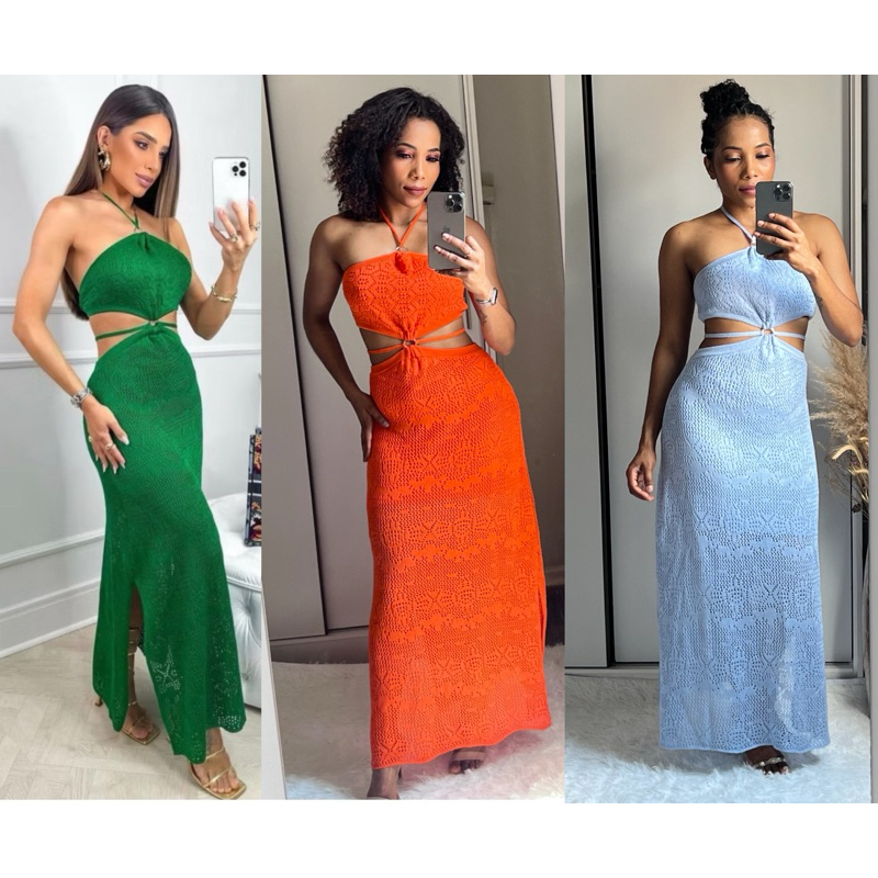Vestido Longo com forro Tricô Elegante Vestido tricot Vestido Tricô Vestido crochê Vestido Elegante com Fenda Lateral