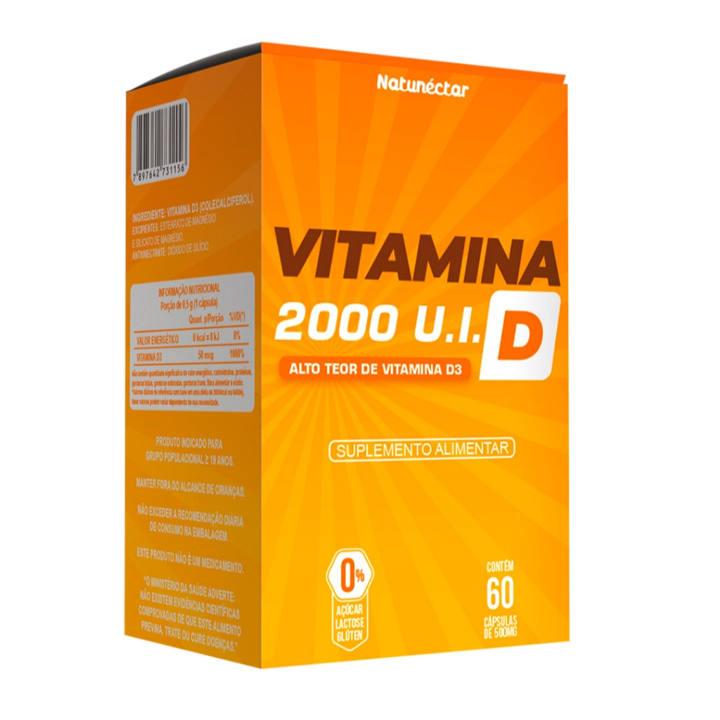 Vitamina D 2.000 UI Vitamina D3 500mg 60 Cápsulas - Natunéctar