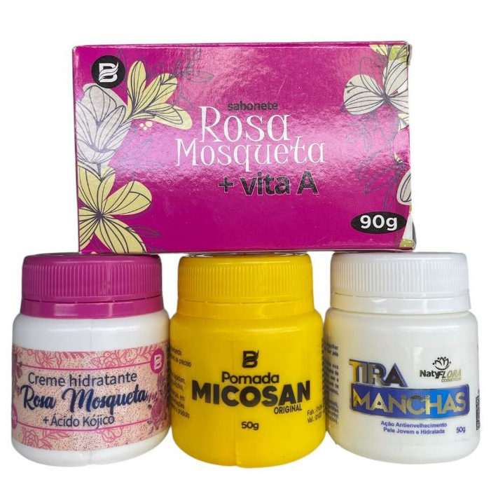 kit tira manchas, antienvelhecimento 1pomada micosan,1tira manchas, 1creme rosa mosqueta e sabonete em Oferta na Shopee
