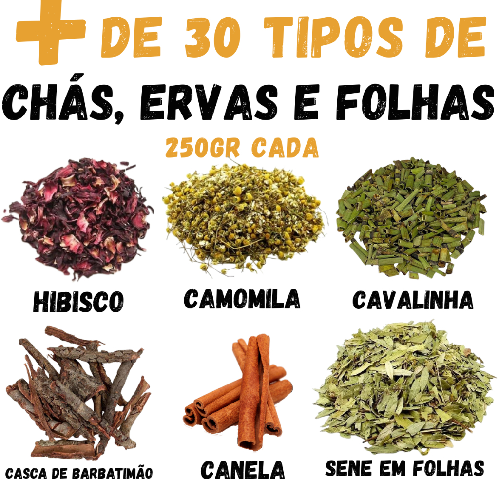 CHÁ ERVAS E CASCAS (CAMOMILA, HIBISCO, CAVALINHA, CANELA, CRAVO, SENE E MUITO MAIS) 250GR DE CADA em Oferta na Shopee