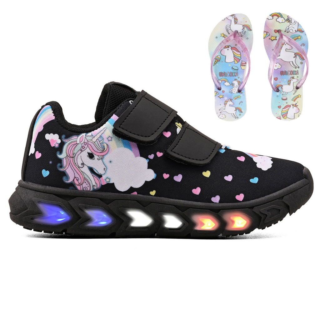 Tênis Infantil Feminino de Led Unicornio Menina Preto Tira Colante com Chinelo Linkito