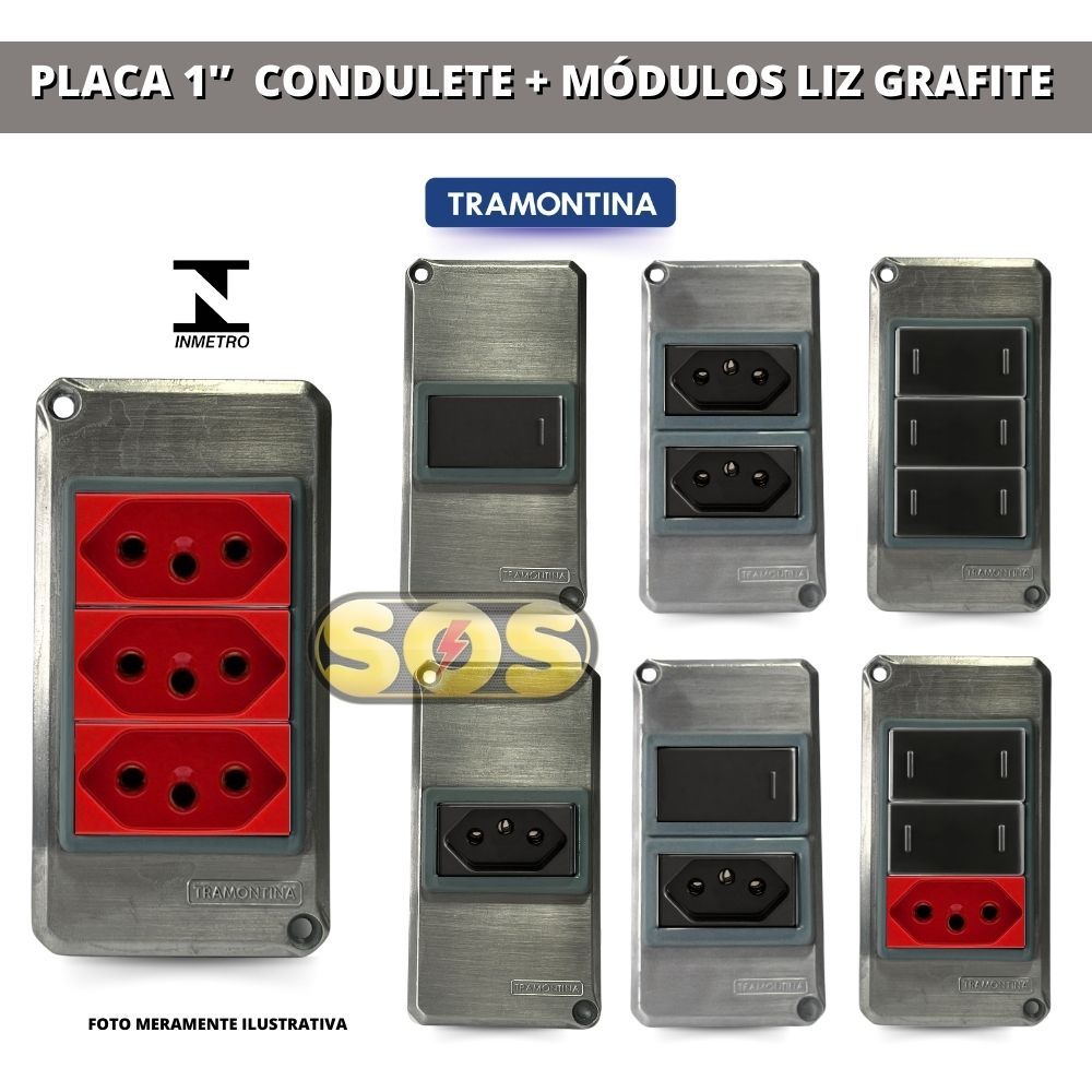 TAMPA DE CONDULETE  1''  COM TOMADA E INTERRUPTOR TRAMONTINA ALUMINIO LIZ GRAFITE