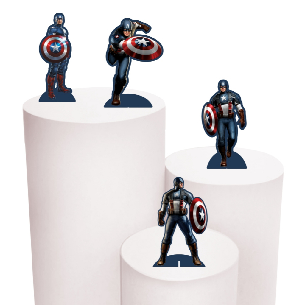Kit de Display 4 de 20cm Totens para Decoração de Festa Capitão América em MDF Cortado a Laser