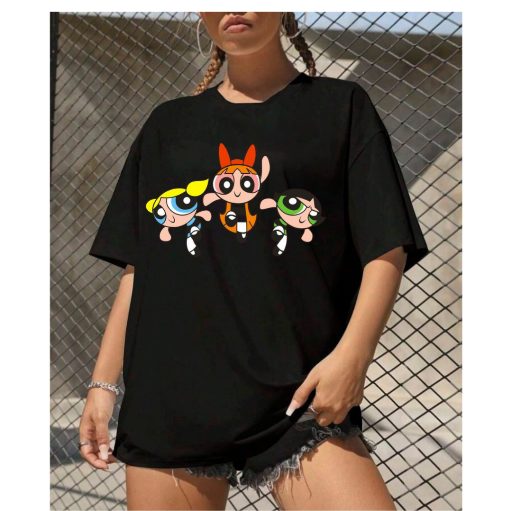 Oversized Camisetão Max Tshirt Feminina Super Poderosas Docinho Lindinha Florzinha tendência 100% Algodão Preta