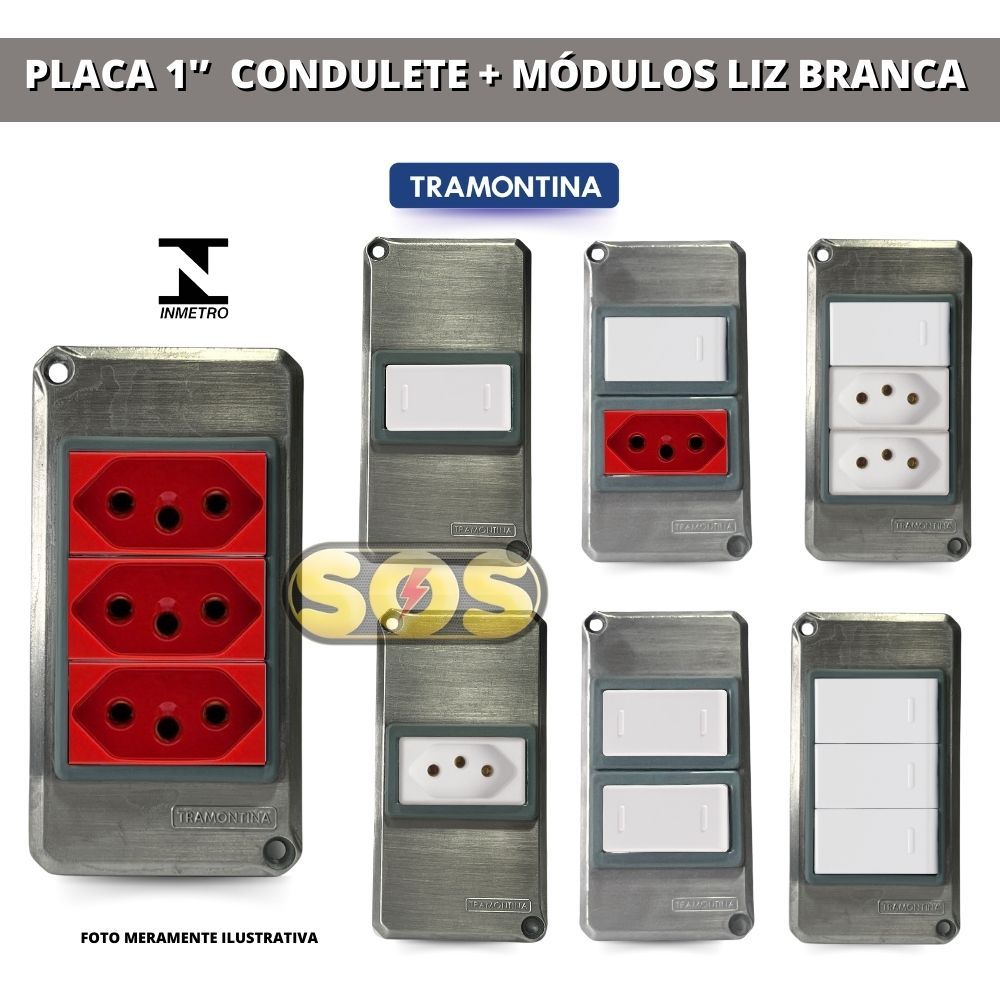 TAMPA DE CONDULETE  1''  COM TOMADA E INTERRUPTOR TRAMONTINA ALUMINIO LIZ BRANCO