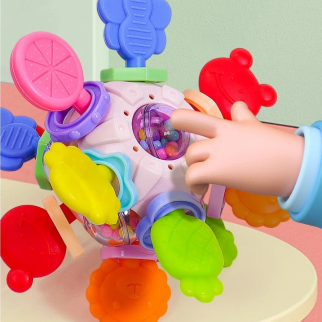 Mordedor chocalho Baby toy sensorial calmante do bebê, macio e com texturas e cores vibrantes para a atenção do bebê