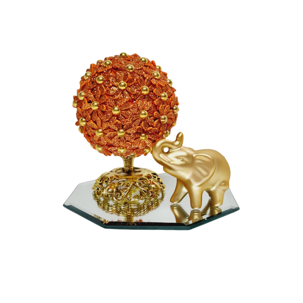 Kit Vaso Decorativo Com Flores Artificiais em E.V.A Mini Vaso 12cm + Enfeite Elefante Dourado + Bandeja Espelhada
