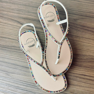 Sandália Feminina Luxo Delicada Lançamento Praia Reveillon Confortável Leve Griffe Helena em Oferta na Shopee